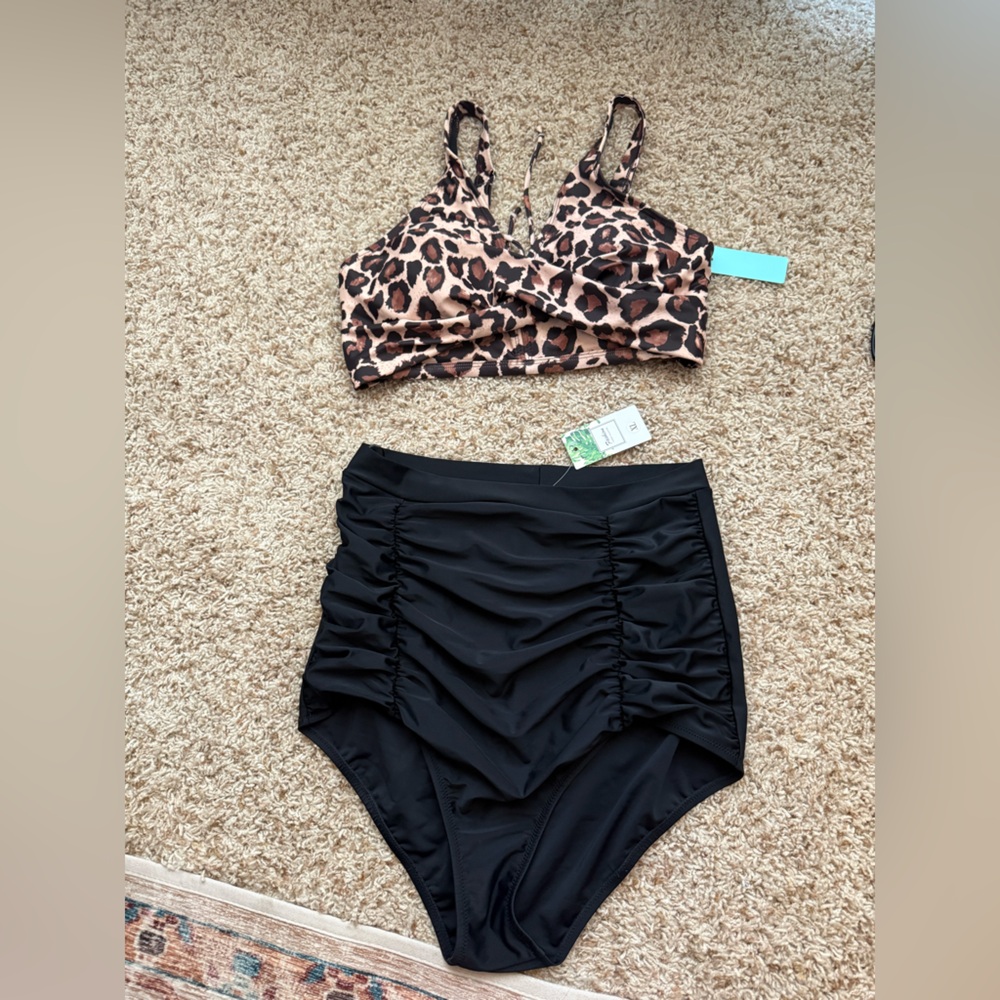 Leopard Print Bikini Set with Black High-Waisted Bottoms